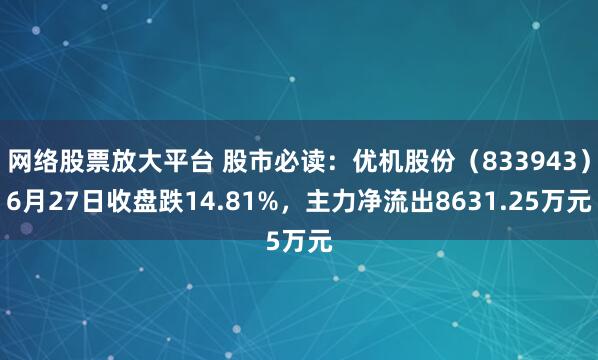 网络股票放大平台 股市必读：优机股份（833943）6月27日收盘跌14.81%，主力净流出8631.25万元